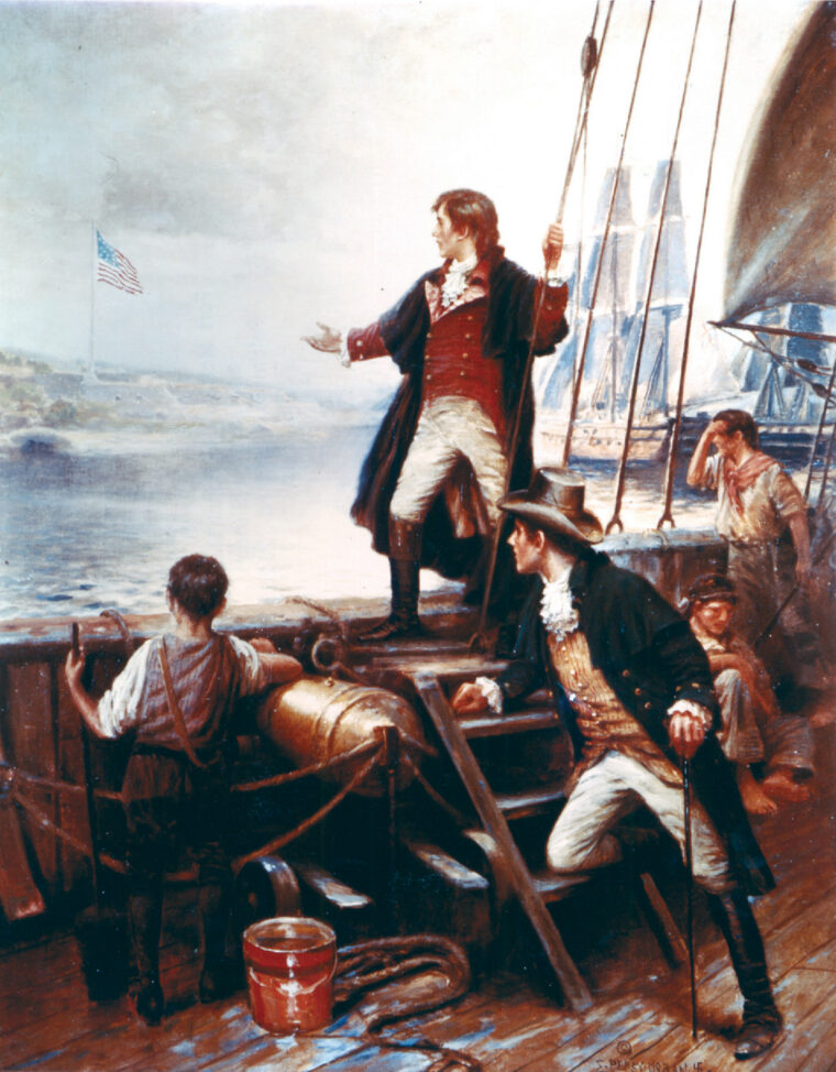 Artist Percy Moran’s 1905 painting of Francis Scott Key and John S. Skinner watching the bombardment of Fort McHenry takes dramatic license by putting them a good deal closer to the action than they really were. 