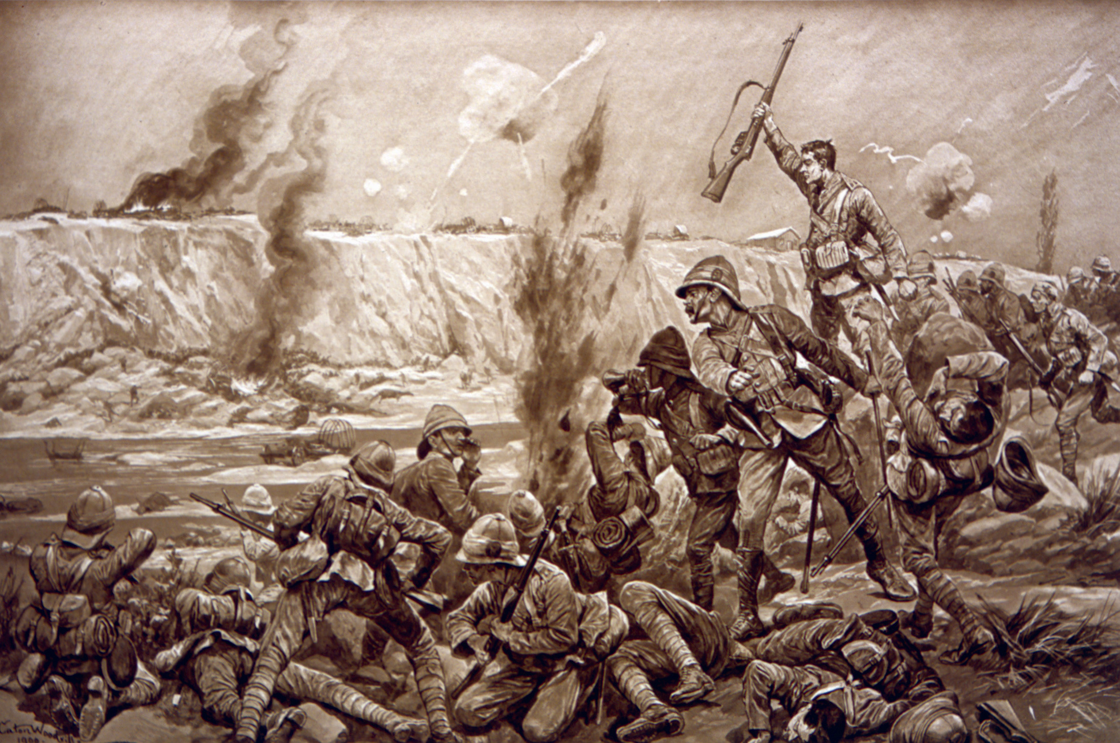 British troops assault the heavily defended Boer laager in artist Richard Caton Woodville’s painting, “Paardeberg.”
