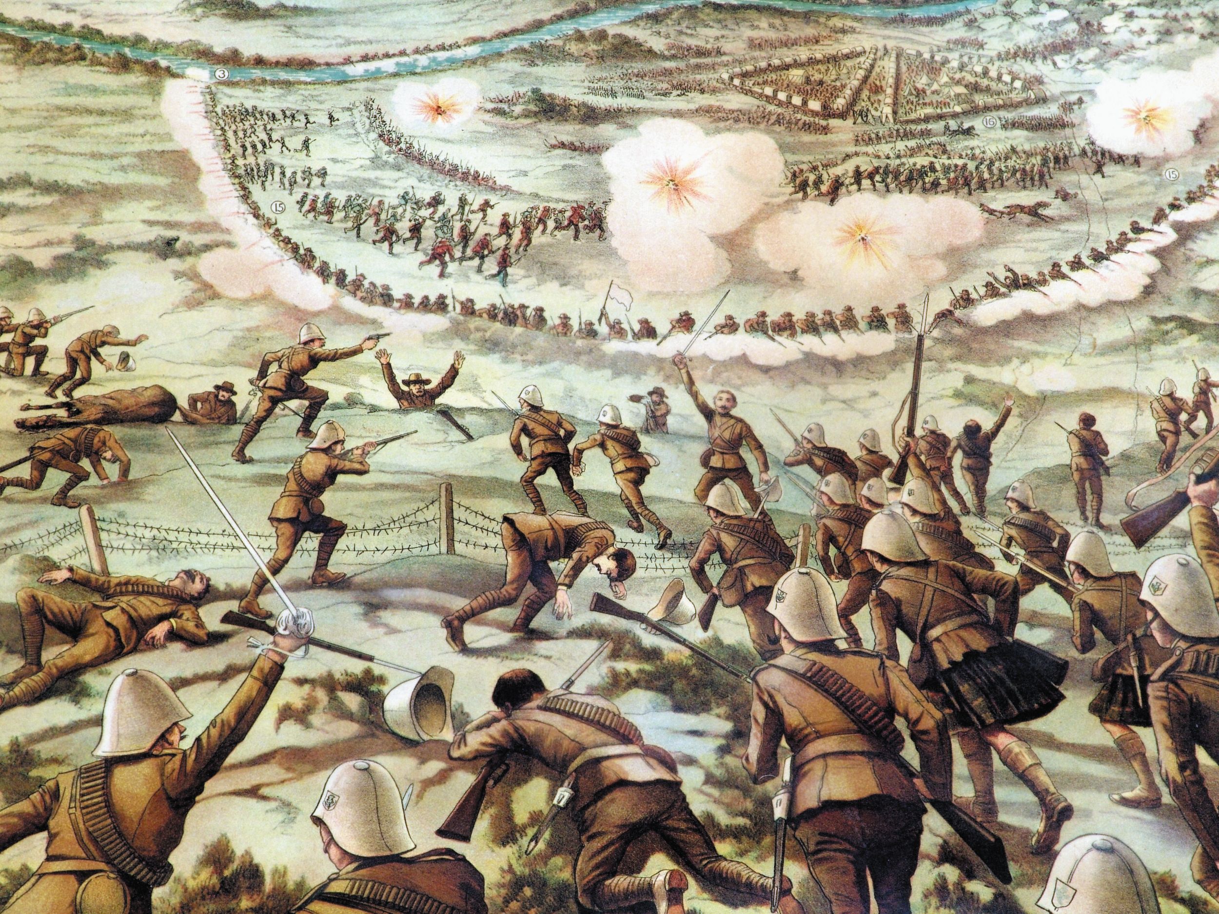 This contemporary drawing, “Dashing Advance of the Canadians at Paardeberg,” is out of scale and completely inaccurate, but it does capture the excitement of the final British assault. Note the Gordon Highlanders in their kilts. 