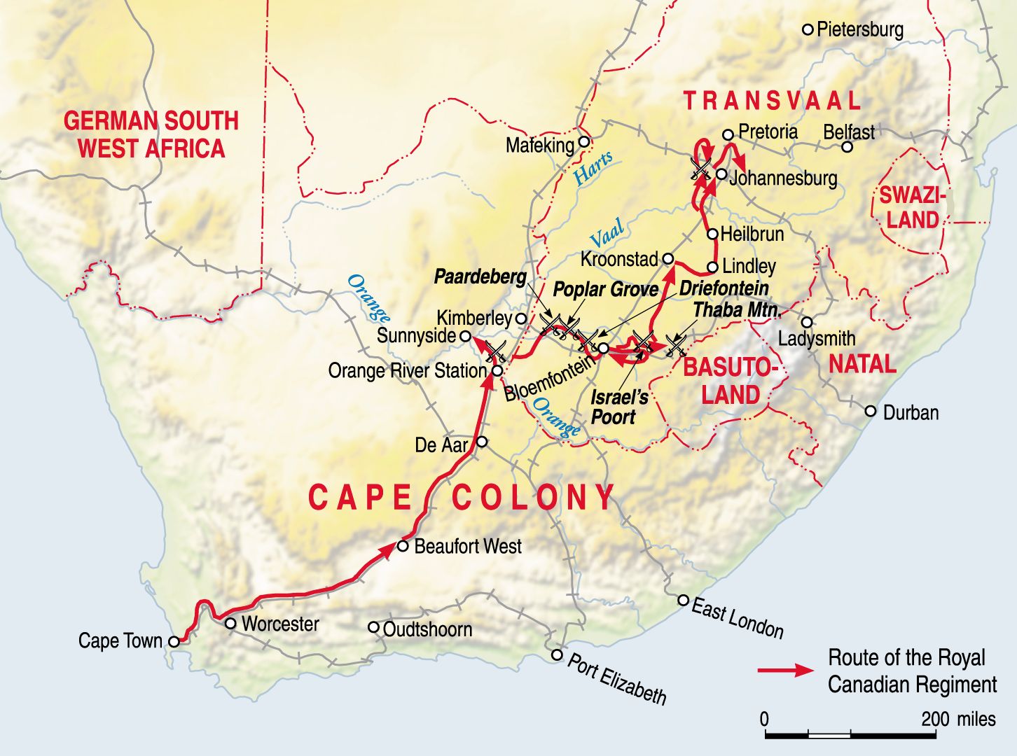 The route taken by the Canadian forces in South Africa in the winter of 1899-1900.