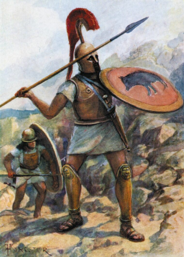 Climbing mountain paths in full armor in the summer was extremely difficult, even for experienced hoplites like these.