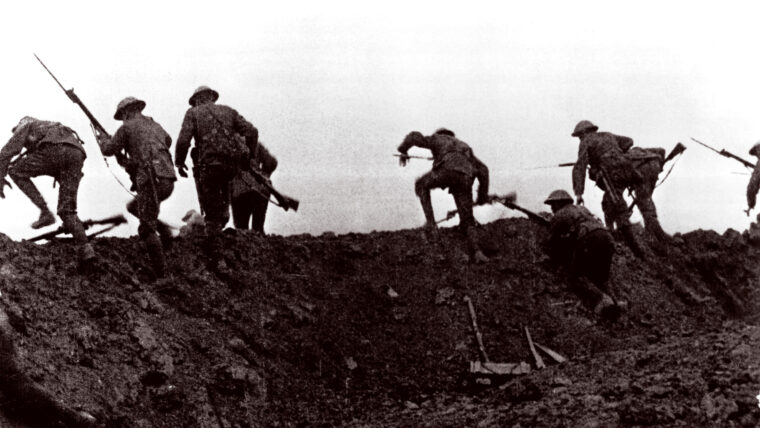 British “New Army” infantrymen “go over the top” in a film made in 1916 about the Battle of the Somme, which began earlier in the year. The Allies had high hopes for the offensive.