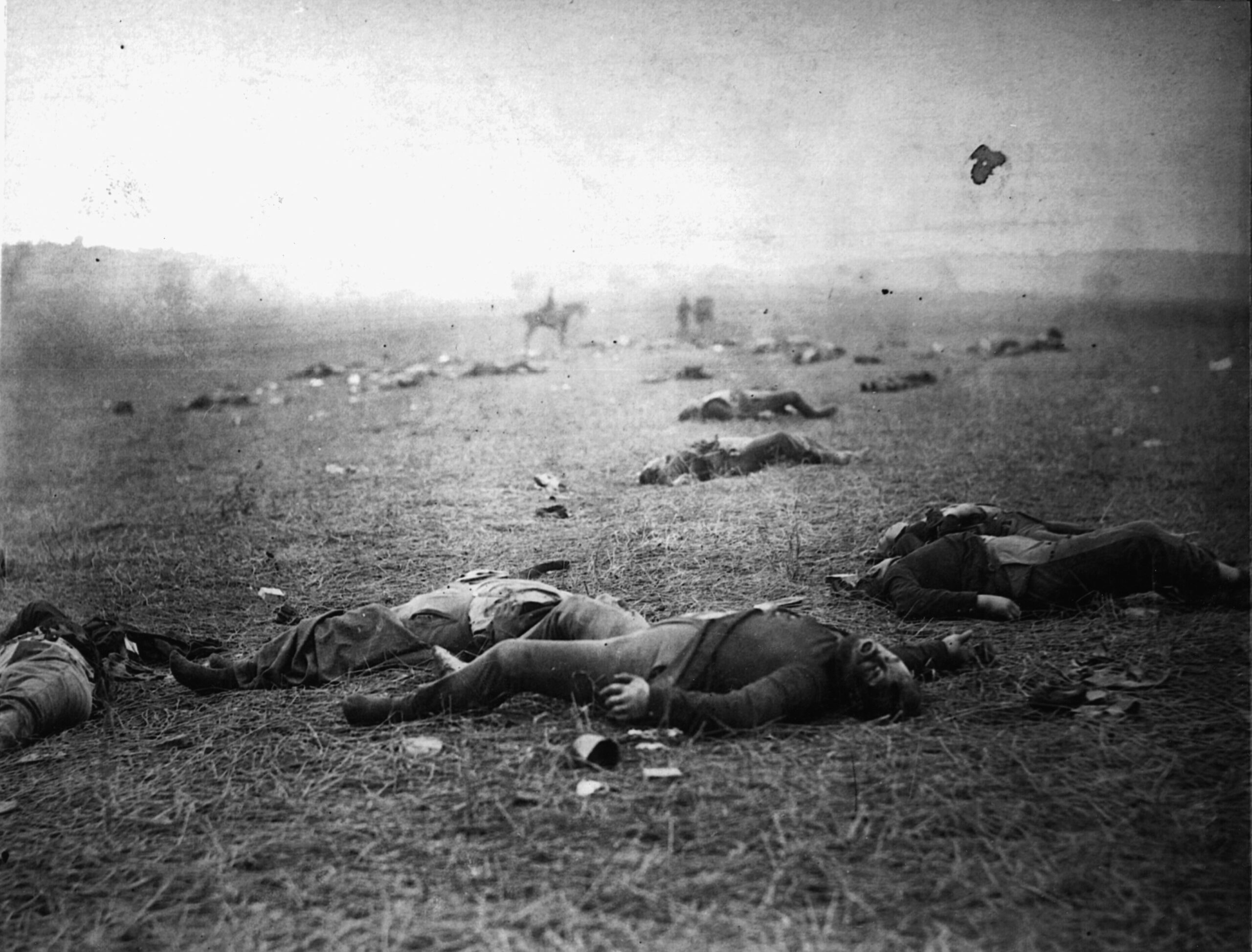 The bloated corpses of Federal soldiers litter a field at Gettysburg in Timothy O’Sullivan’s aptly-titled photograph Harvest of Death. 