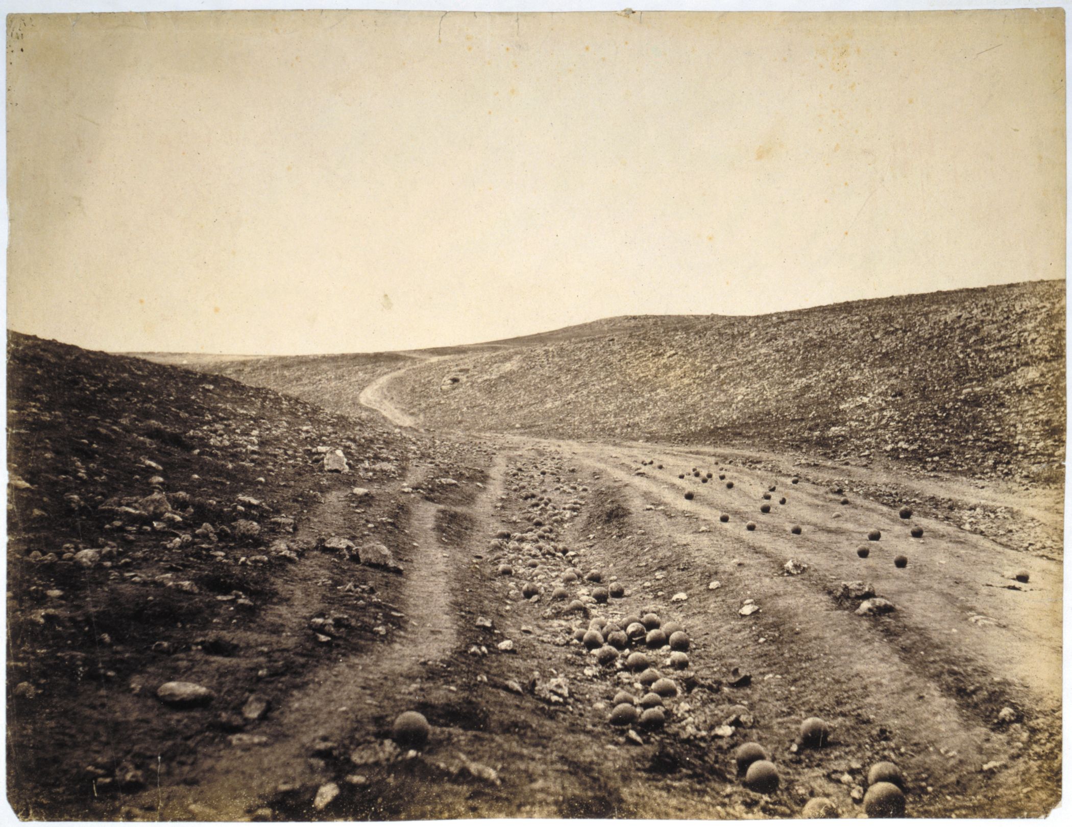 Roger Fenton’s photograph of a Crimean gulley littered with Russian cannonballs was misidentified as the site of the Charge of the Light Brigade. 