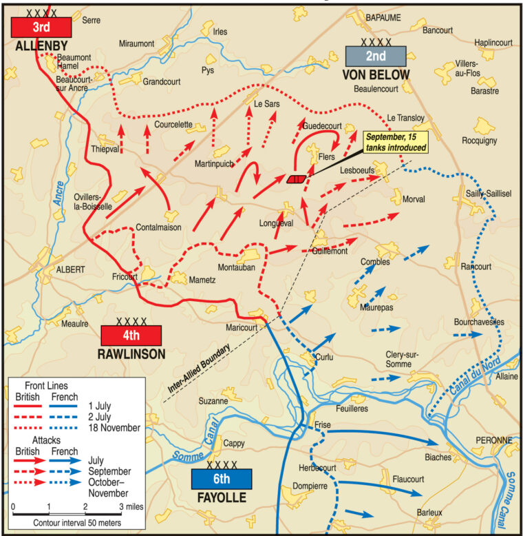 The territory and movements of the 1916 Battle of the Somme.