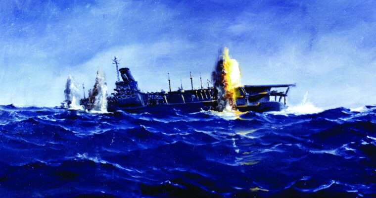 Huge geysers leap skyward as torpedoes from the submarine USS Archer-Fish strike home against the mammoth Japanese aircraft carrier Shinano. The carrier had initially been slated as the third super battleship of the Imperial Japanese Navy.