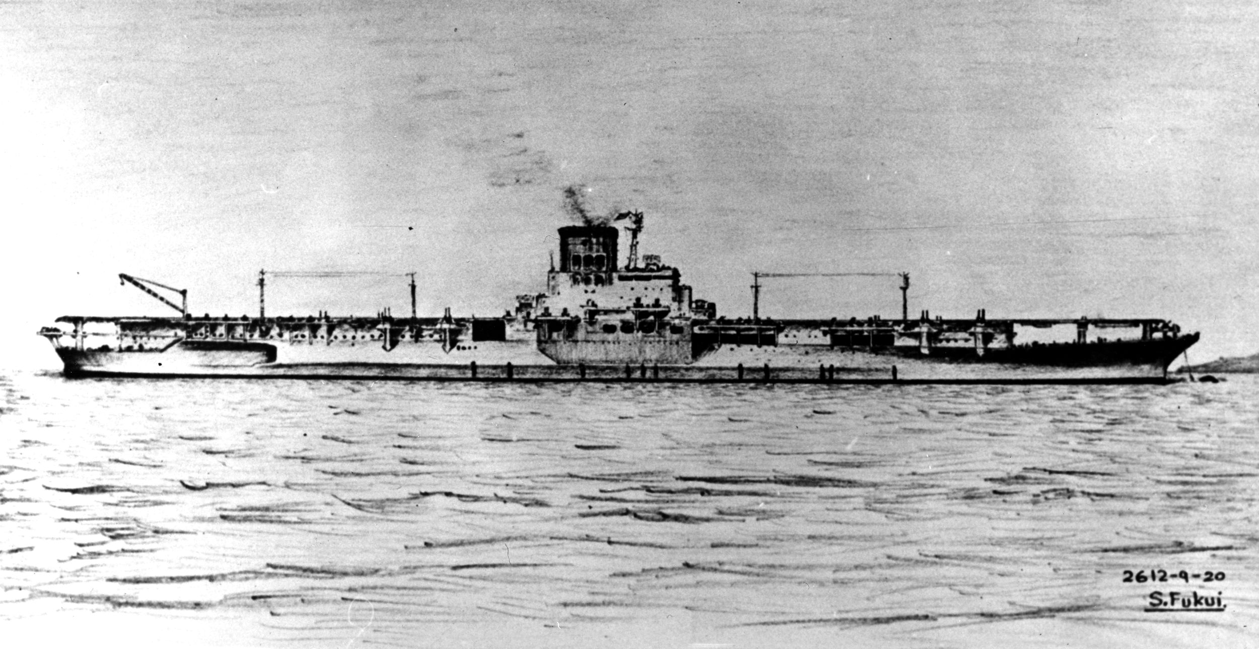 Japanese artist Shizuo Fukui sketched this image of the ill-fated aircraft carrier Shinano in 1952, six years after the warship was sunk by torpedoes from the American submarine USS Archer-Fish. (U.S. Naval Historical Center Photograph)