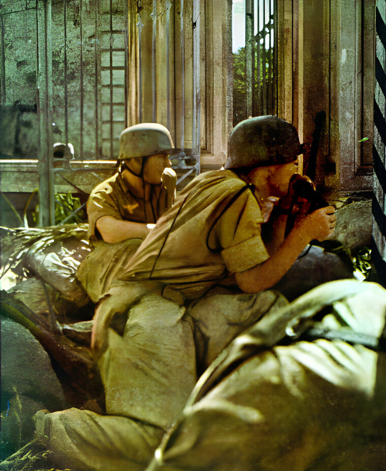 Elite German airborne troops, or Fallschirmjäger, take up positions in the ruins of the bombed abbey of Monte Cassino. The German defenders reportedly only occupied the abbey grounds after Allied bombers had destroyed the centuries-old structure. Their resistance to several Allied assaults was tremendous.