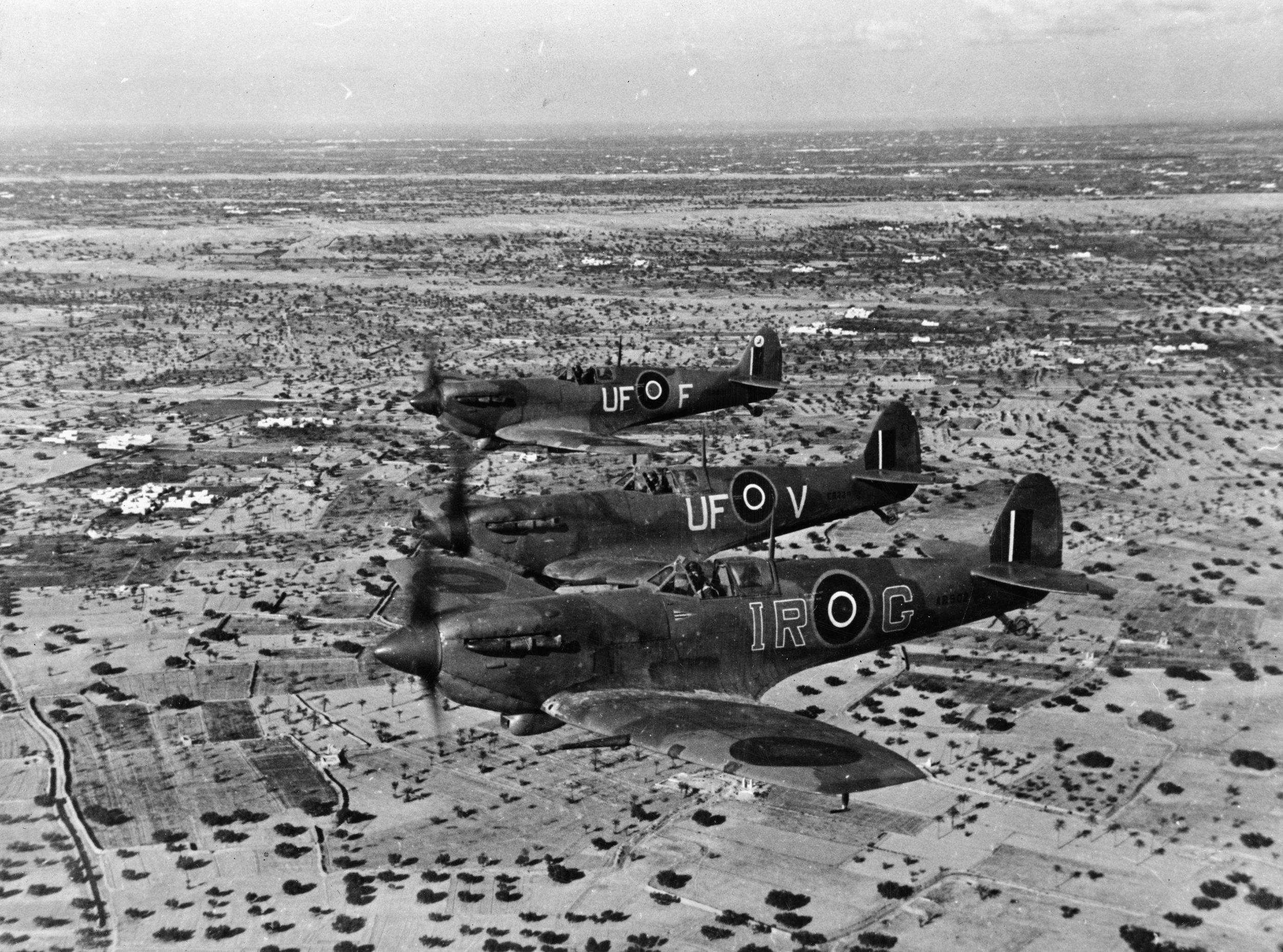 Off the coast of De Djerba island, a formation of RAF Spitfire fighters patrols near the Mareth Line in North Africa.  The Spitfire served in all theaters of World War II, and a naval version, the Seafire, was also developed. (Library of Congress)