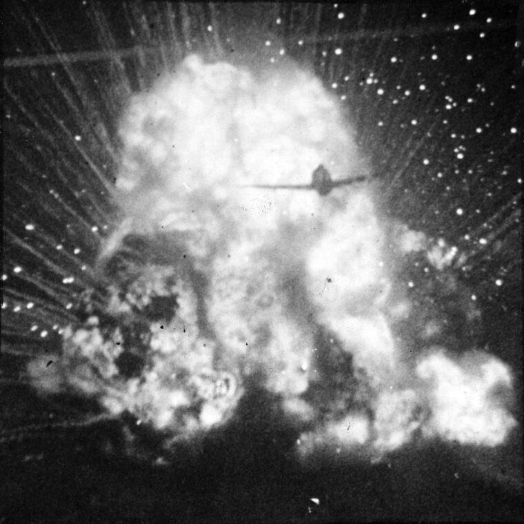  A P-47 of the U.S. Ninth Air Force destroyed a German ammunition truck in a ball of fire on August 15, 1944. Along with eight .50-caliber machine guns, the Thunderbolt was also capable of carrying bombs.