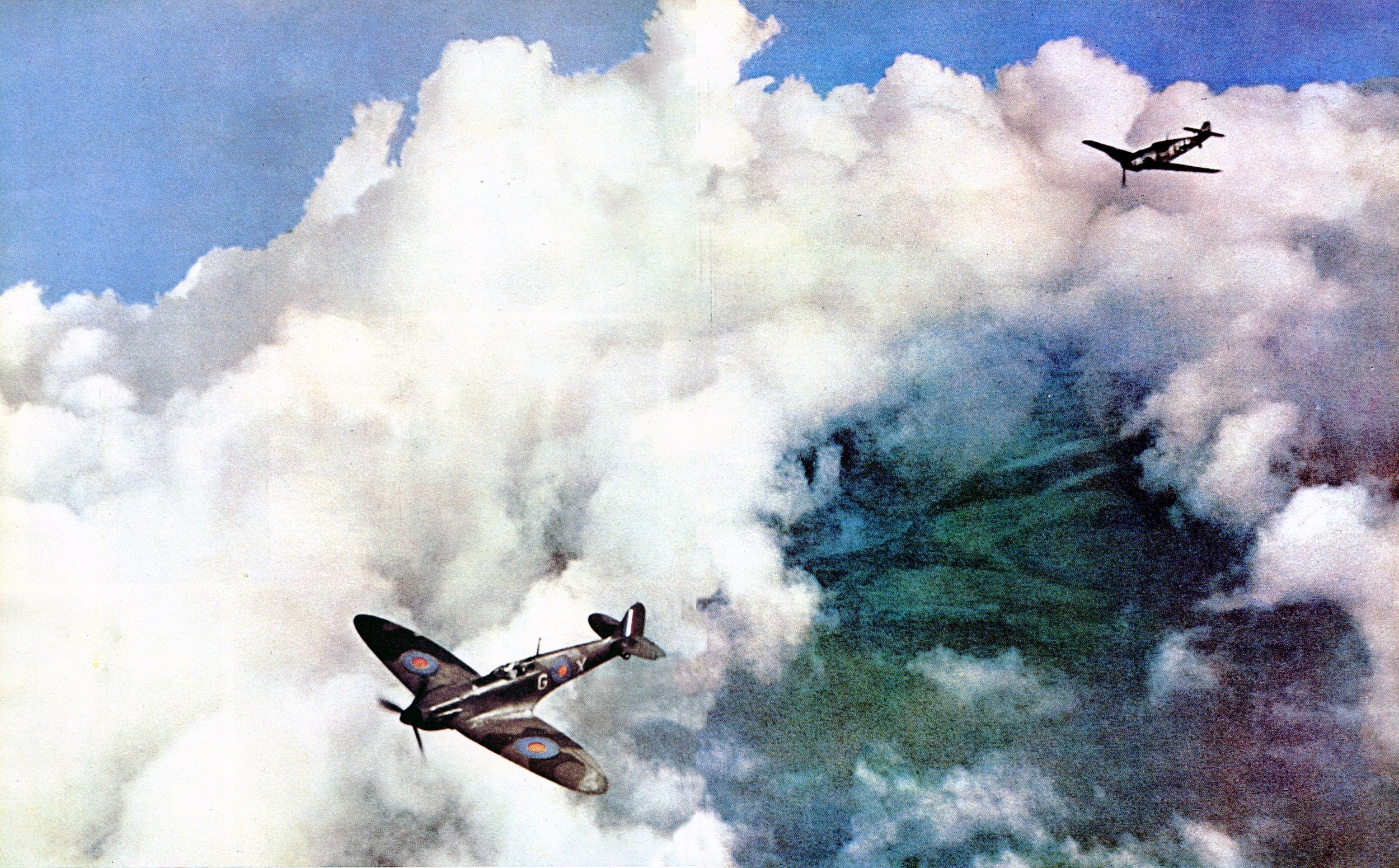 A Spitfire pilot dives to avoid machine-gun fire from an attacking German Messerschmitt Me-109.  The two aircraft engaged in ferocious dogfights during the Battle of Britain, which put an end to German plans for a cross-Channel invasion. ((Signal)
