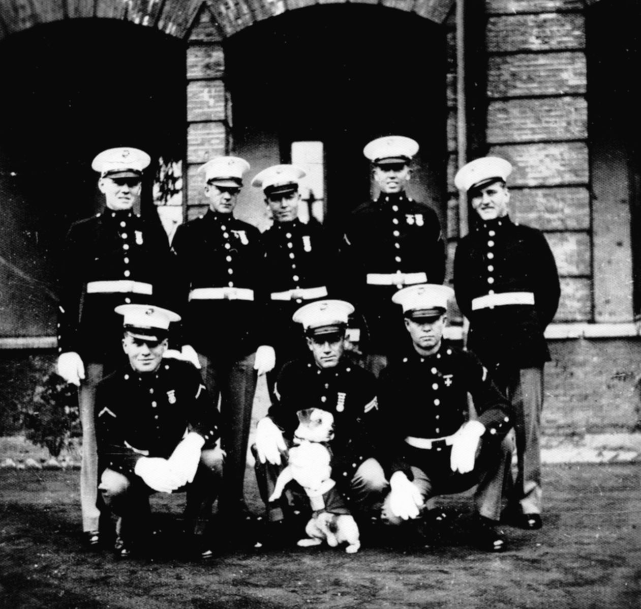 U.S. Marines of Company B, 4th Regiment pose proudly with their mascot, the indomitable Soochow. A uniform was specially made for the famous canine, who survived World War II and died at age 11 in 1948. (Author’s Collection)