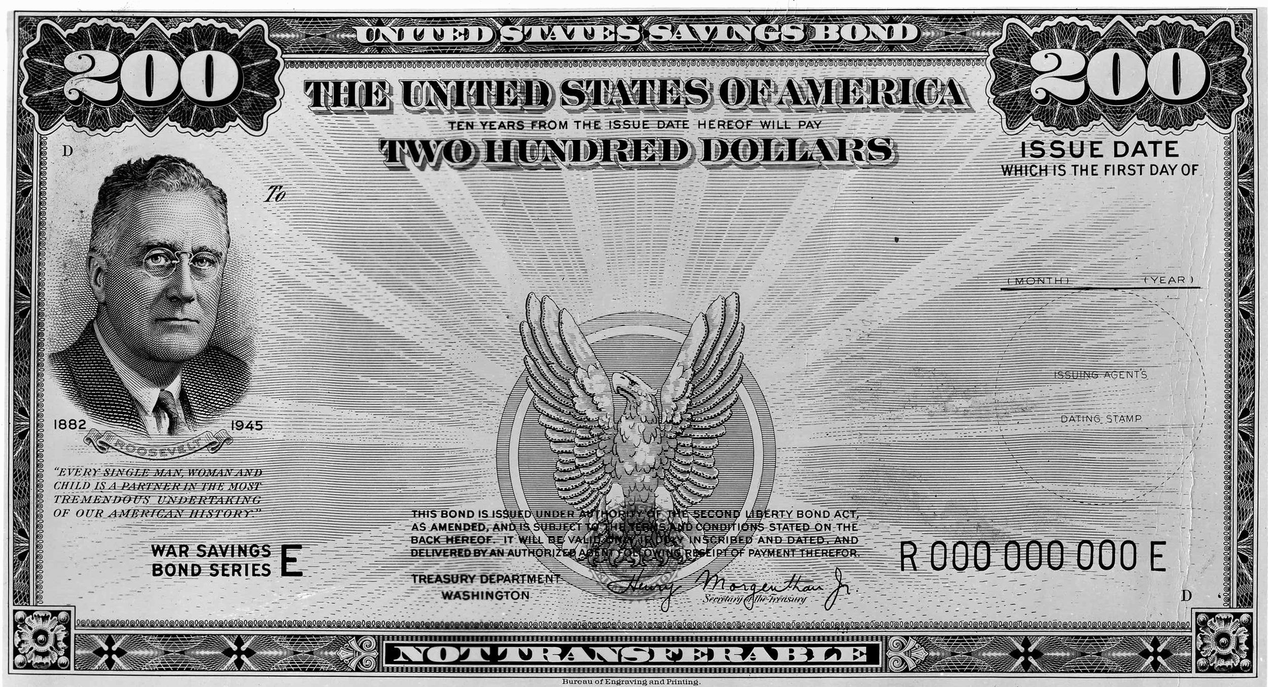 The Series E war bond, featuring a portrait of President Franklin D. Roosevelt, was initially offered for sale to the general public on May 1, 1941, seven months before U.S. entry into World War II.