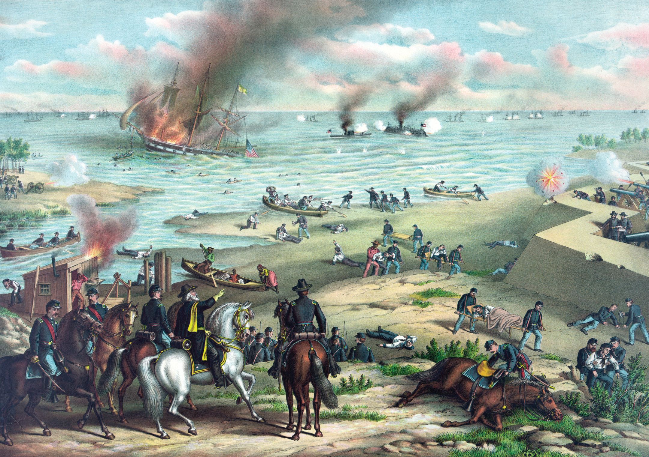 Two days of action at Hampton Roads are condensed in this period lithograph. At left Union troops rescue sailors from the USS Cumberland, and at right the two ironclads trade shots at close range.