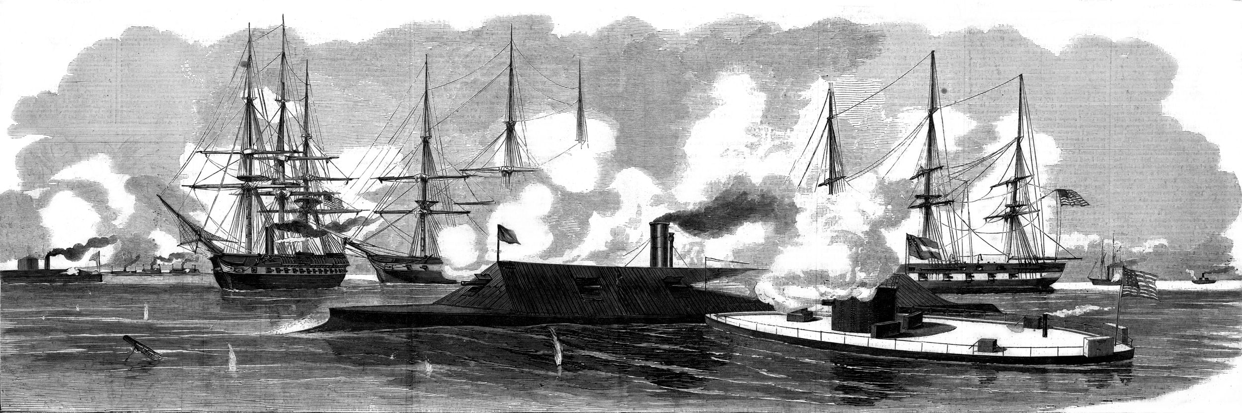 Following the inconclusive battle at Hampton Roads shown in this Harper’s Weekly illustration, the USS Virginia returned to port. The Confederates scuttled the Virginia on May 12, 1862, rather than risk her capture by Union forces.