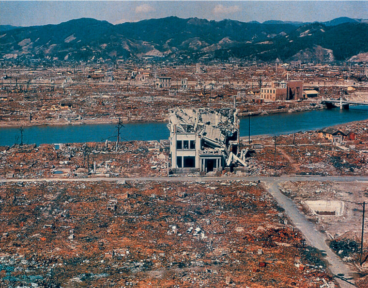 Twisted piles of debris were all that remained of much of Hiroshima and Nagasaki following the detonations of the atomic bombs. Heat and shock waves vaporized people and incinerated wooden structures.