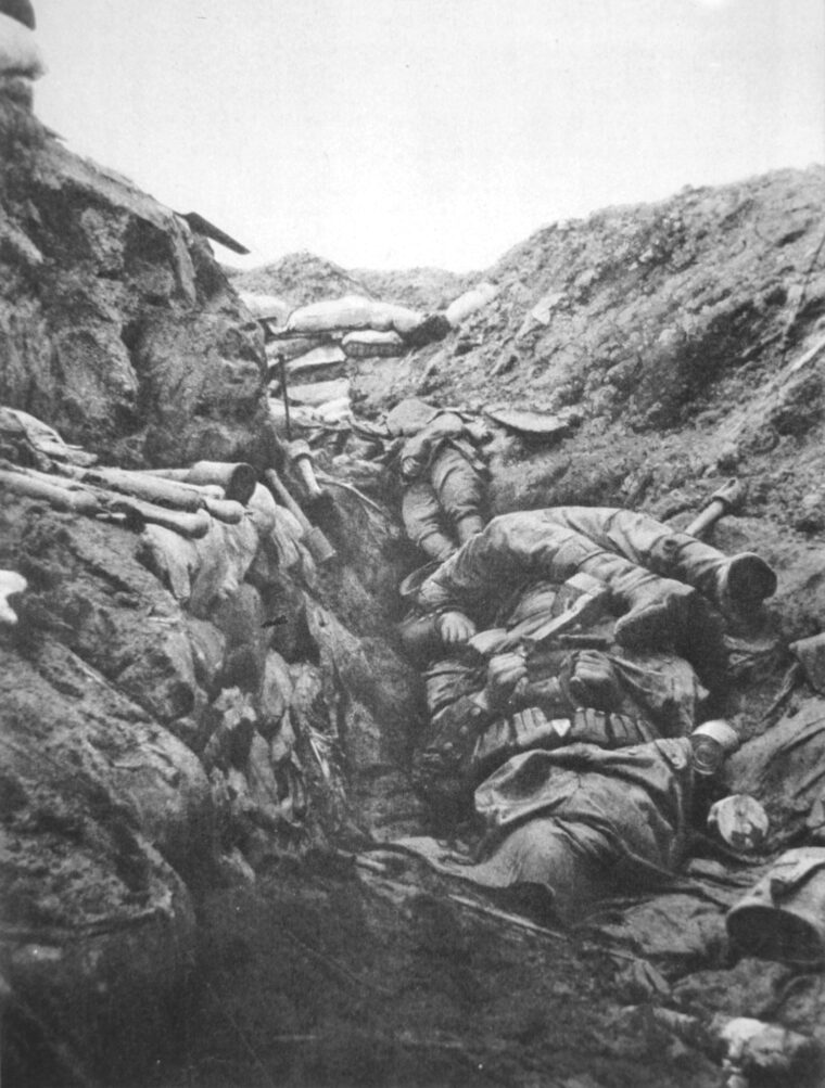 German dead in a trench overrun in the fighting. 