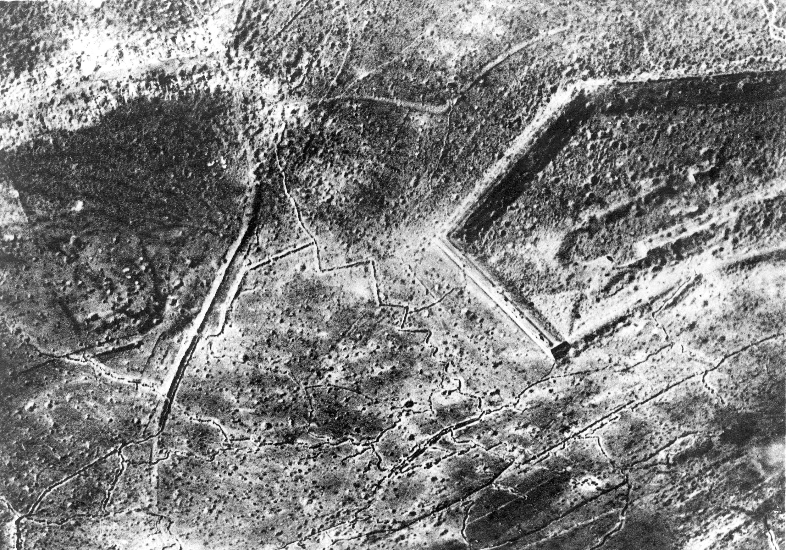 An aerial view of Fort Douaumont and surrounding trenches after months of shelling. 