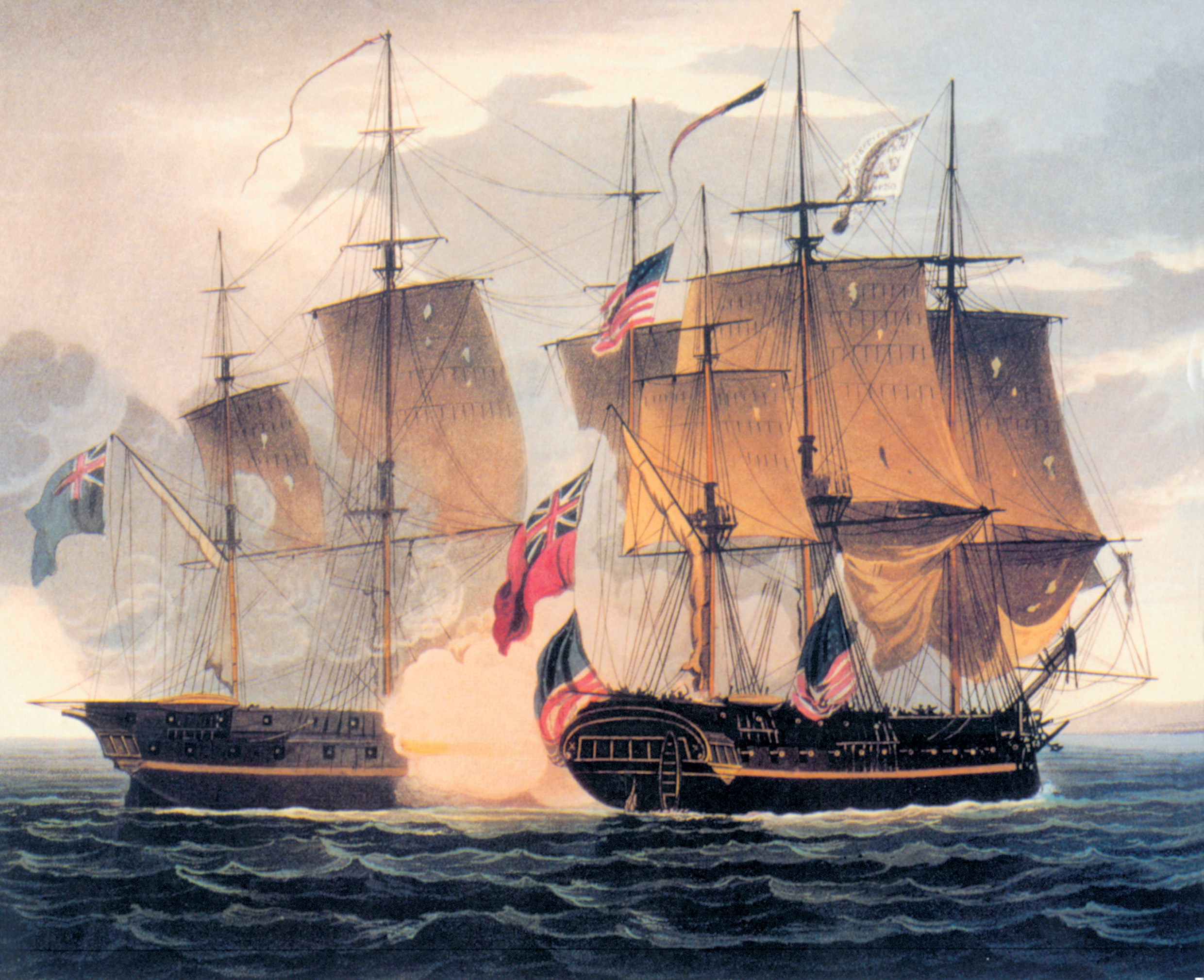In a classic duel between frigates, the British Shannon unleashes a broadside on the American Chesa- peake in 1813. Chesapeake’s captain James Lawrence said, “Don’t give up the ship!”