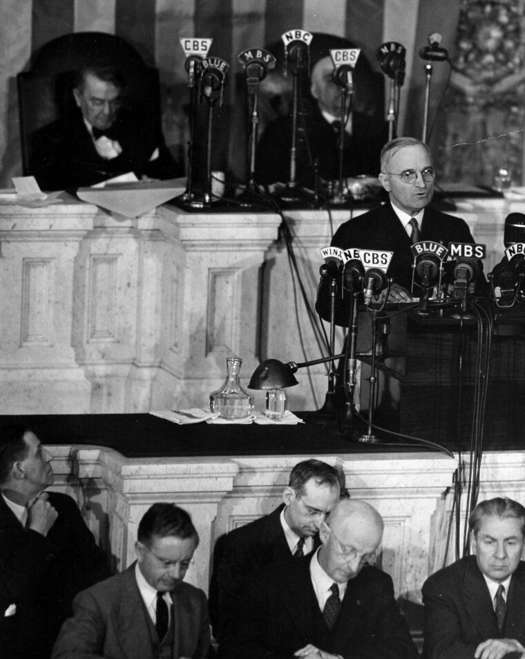President Harry Truman addresses a joint session of Congress on April 16, 1945, the first such address since the death of President Franklin D. Roosevelt. Truman promised a relentless prosecution of the war. (All photos: National Archives)