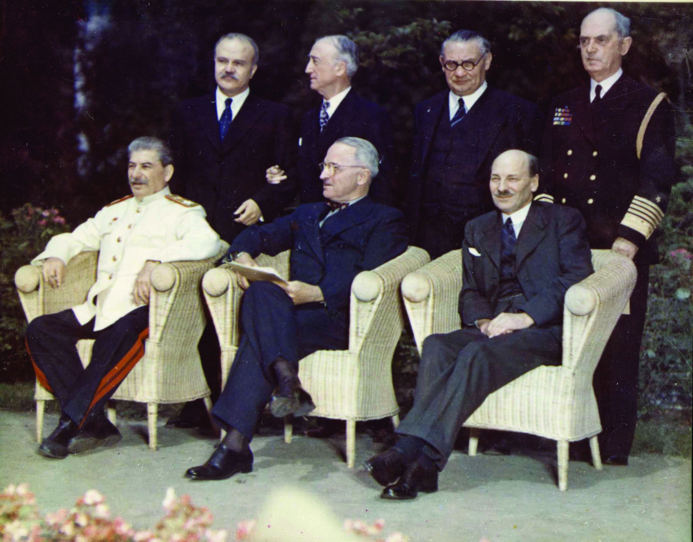The Big Three at the Potsdam Conference in 1945 included (seated left to right) Soviet Premier Josef Stalin, U.S. President Harry Truman, and British Prime Minister Clement Attlee.