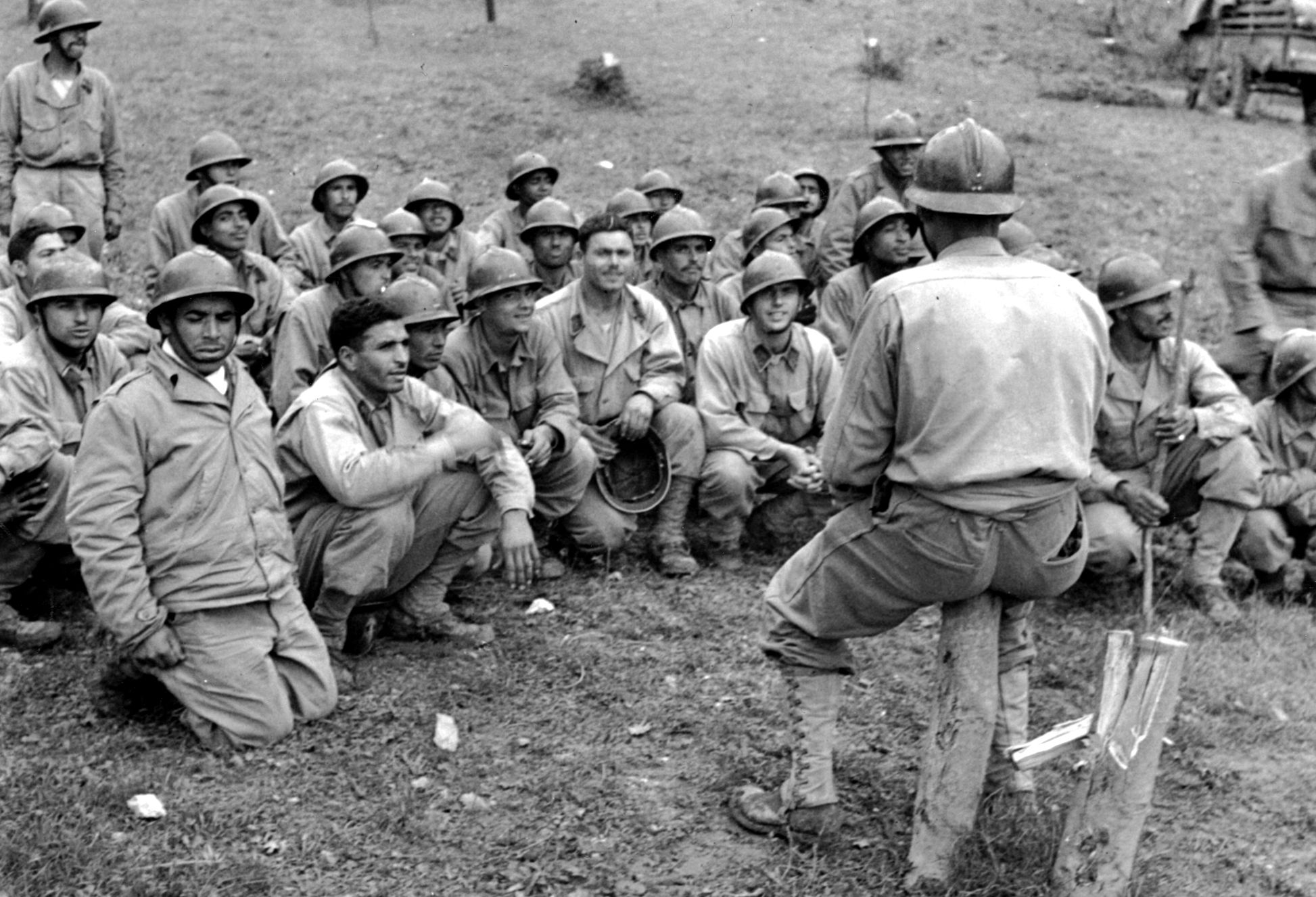 Goumiers, fierce fighters of the 2nd French Moroccan Division, receive a final briefing on German troop dispositions prior to relieving the U.S. 34th Infantry Division on the front line near Cassino in December 1943. The rugged Goumiers were already renowned for their combat skills in mountainous terrain prior to their arrival in Italy.