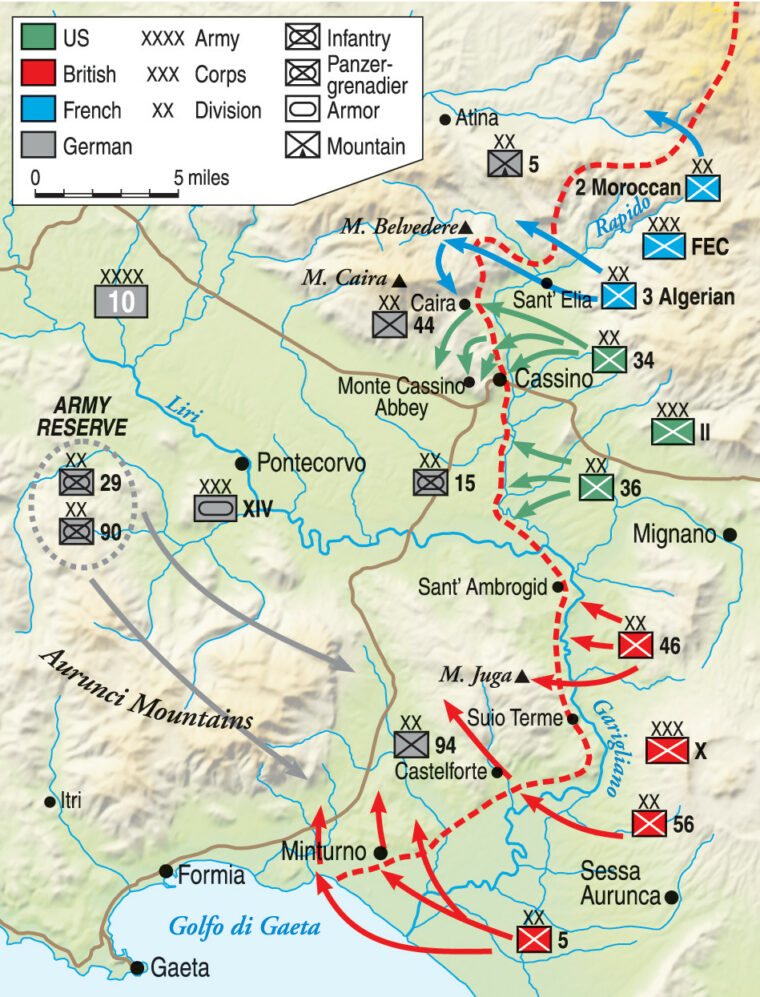 The Allied Fifth Army struggled mightily to breach the German Gustav Line at Cassino. Beyond the mountains lay the valley of the Liri River, open country in which tanks and armored vehicles could maneuver freely. Still farther northwest lay Rome, the Eternal City and capital of Italy.