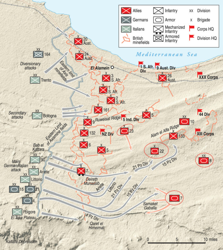 The stout British defenses at El Alamein were anchored in the north by the Mediterranean Sea and in the south by the escarpment of the Qattara Depression. Rommel planned to attack along the front, but it was Montgomery who struck first. (Map © 2007 Philip Schwartzberg, meridian Mapping, Minneapolis, MN)