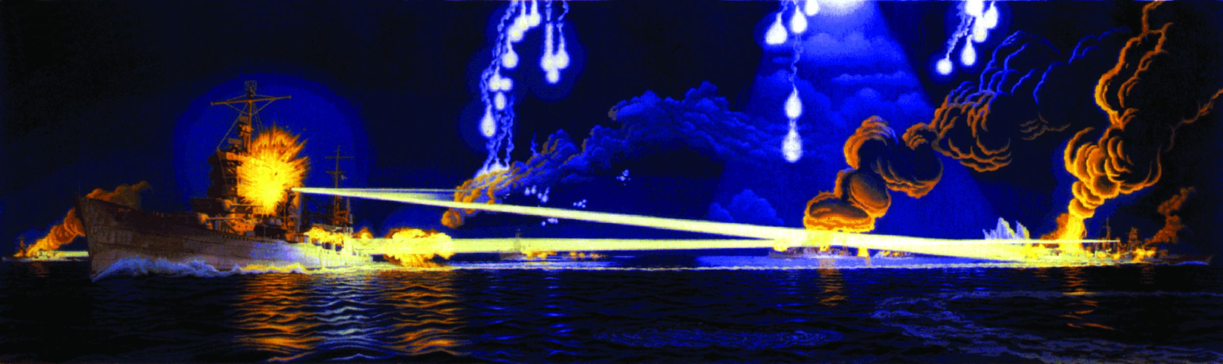 The November 13, 1942, naval battle of Guadalcanal took place at night, favoring the Japanese who were skilled in nocturnal warfare and employed their formidable Long Lance torpedo. In this painting, flares illuminate the sky and the beams of searchlights streak across the water. (U.S. Navy)