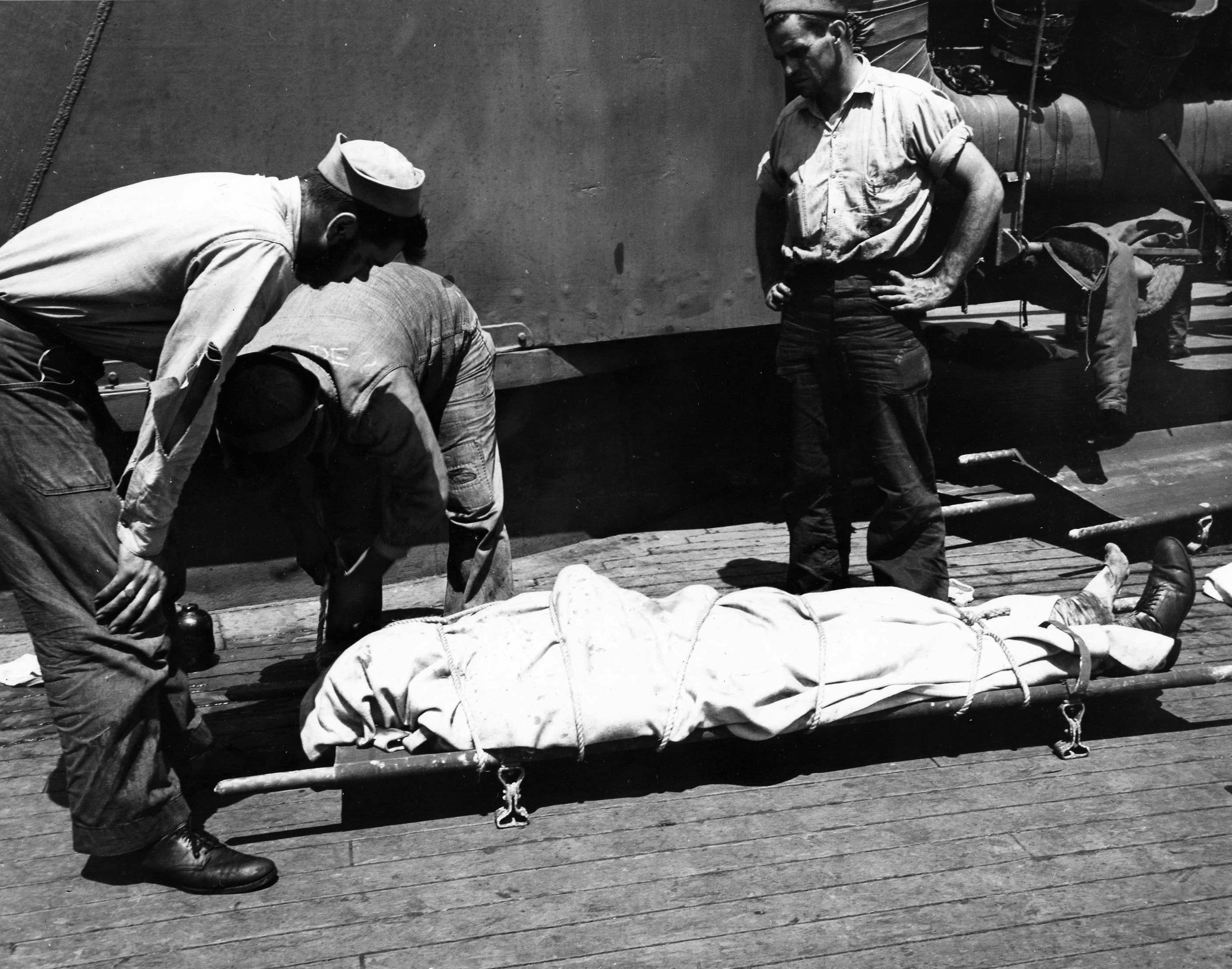 The efforts of Navy corpsmen were not enough to save the life of this American sailor, who died during a naval battle in the Pacific.