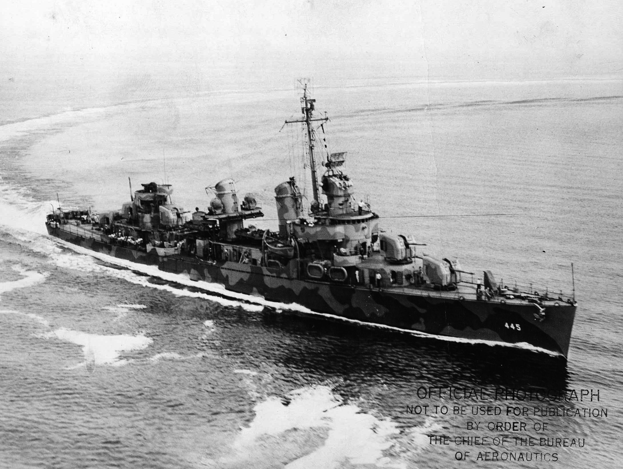 The destroyer USS Fletcher, namesake of a class of such warships serving with the U.S. Navy, is shown underway. The destroyers engaged during the naval battle off Guadalcanal on November 13, 1942, took heavy casualties.