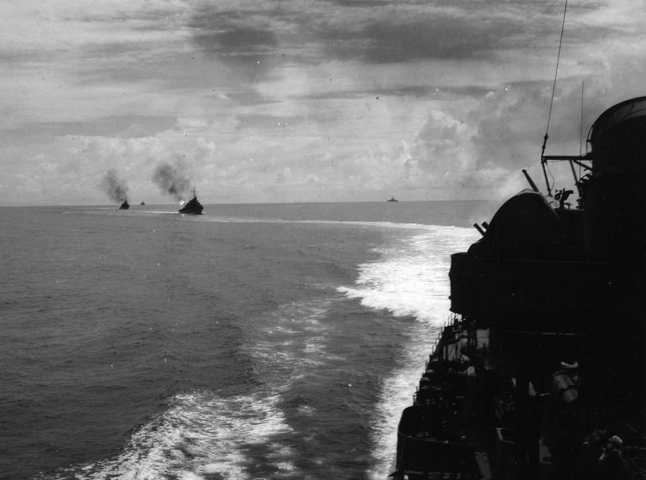 The destroyers USS Fletcher, USS O’Bannon, and USS Strong participate in gunnery exercises off the coast of the island of Espiritu Santo prior to engaging the Japanese fleet off Guadalcanal.