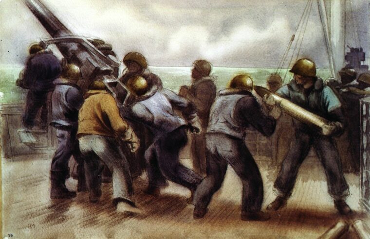 In this bleak painting by American combat artist Mitchell Jamieson, members of a Naval Armed Guard contingent load and fire the forward deck gun aboard a merchant ship in pitching seas. (Naval Historical Center)