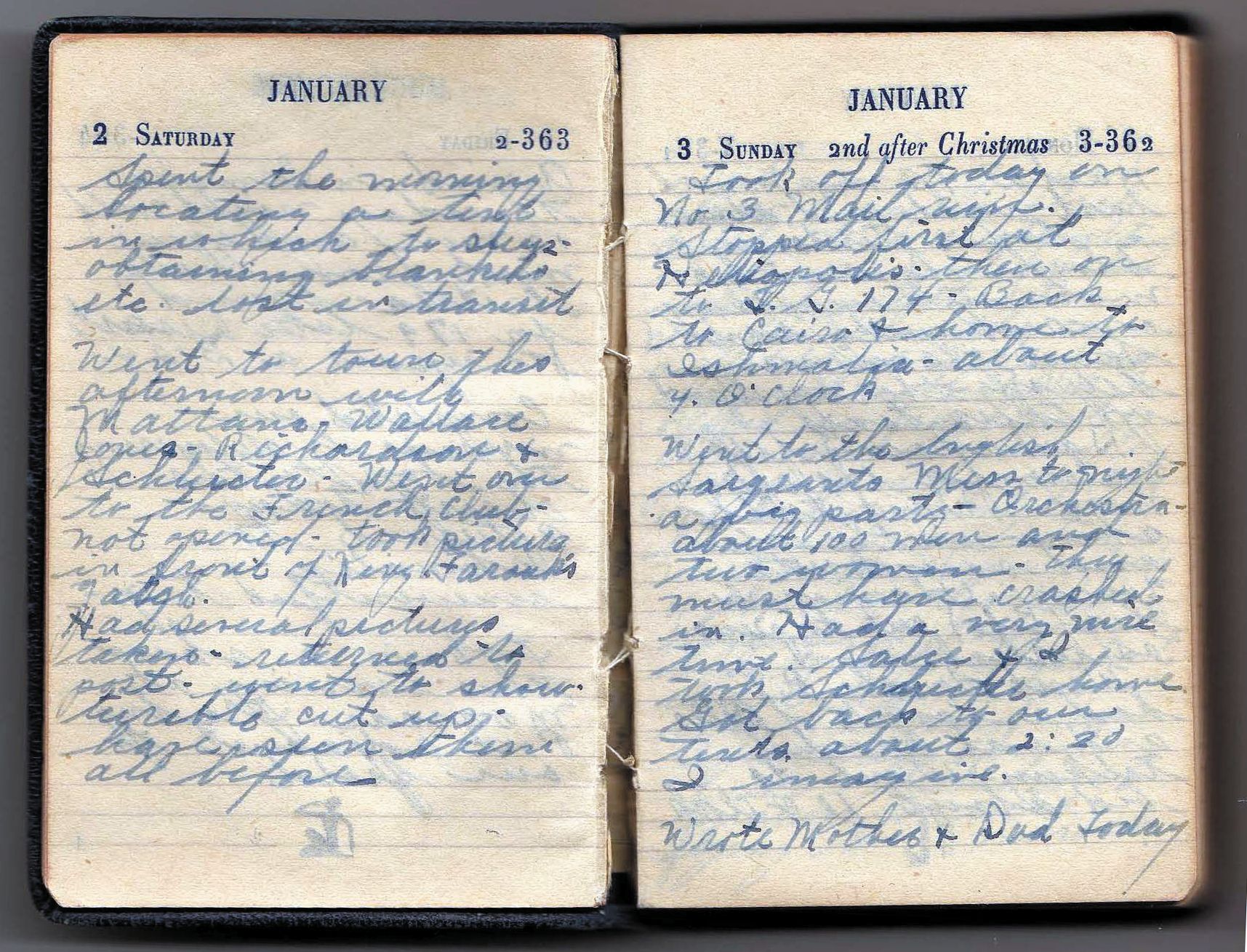 The yellowed pages of Corporal James G. Delaney’s journal entries for January 2-3, 1943, remain legible and provide a glimpse into the life of an airman during World War II.