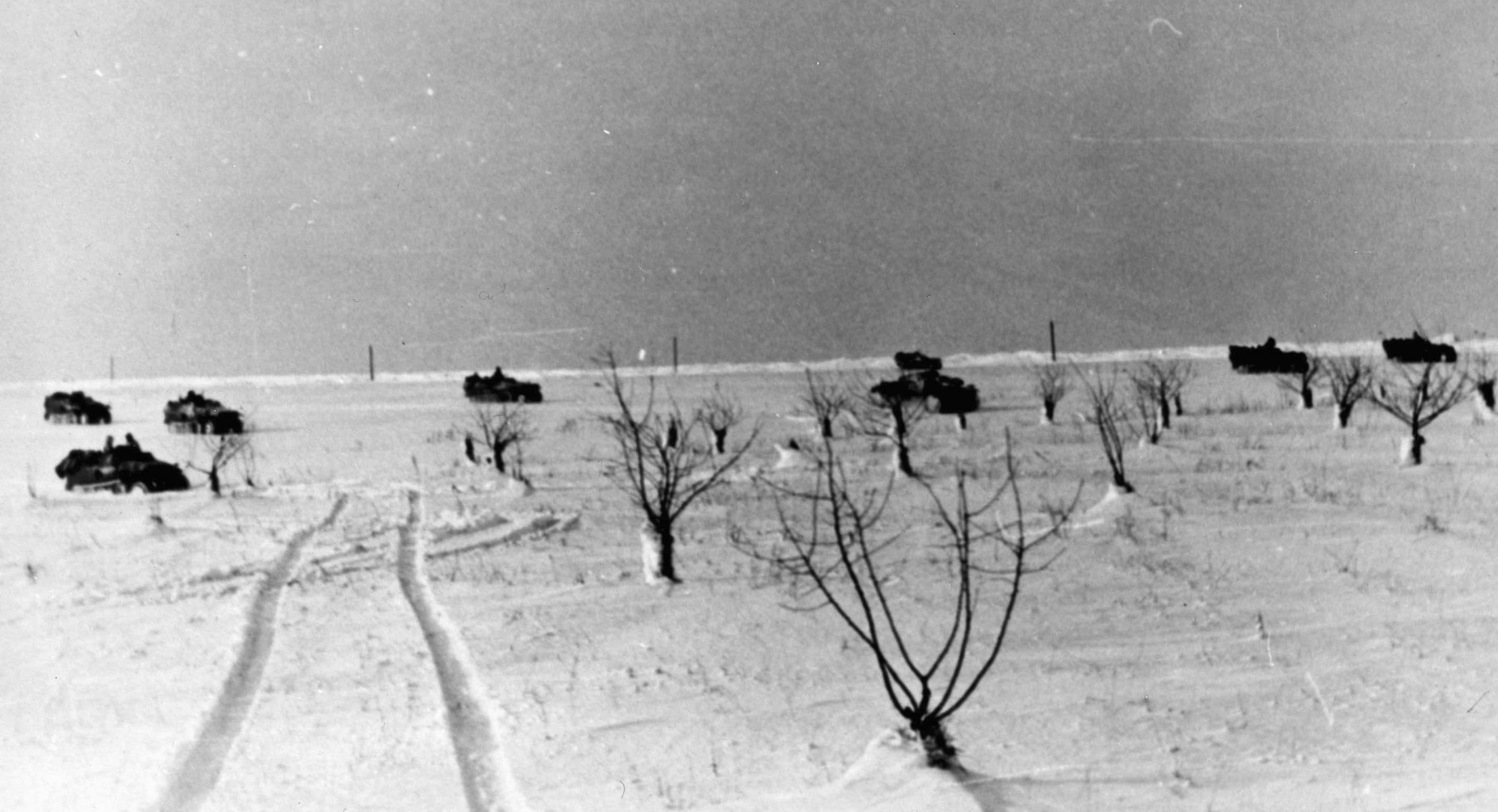 Spread across the wintry landscape of the Soviet Union, German armored vehicles advance eastward toward the major cities of Russia. The German timetable was upset by tenacious Soviet defenses and then compounded by horrific winter weather. 
