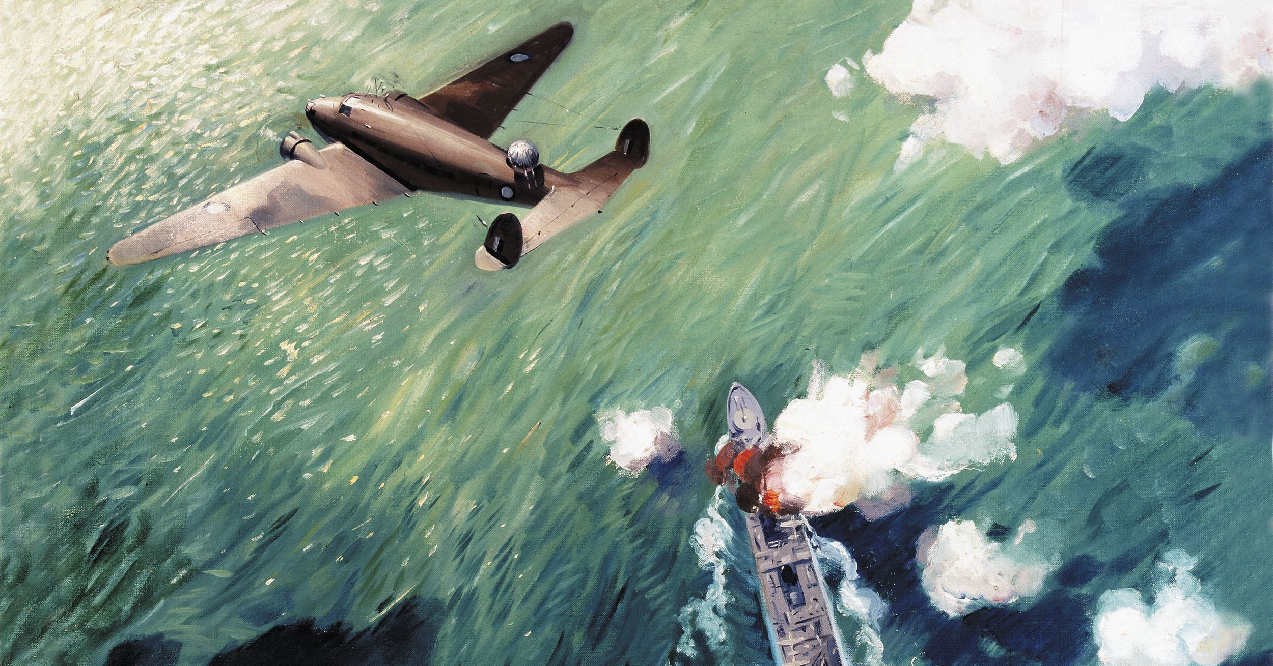 A Lockheed Hudson bomber of the Royal Australian Air Force scores a hit against a Japanese freighter near Port Moresby, New Guinea.Variants of the Lockheed Electra and Lodestar designs saw service around the globe during World War II.