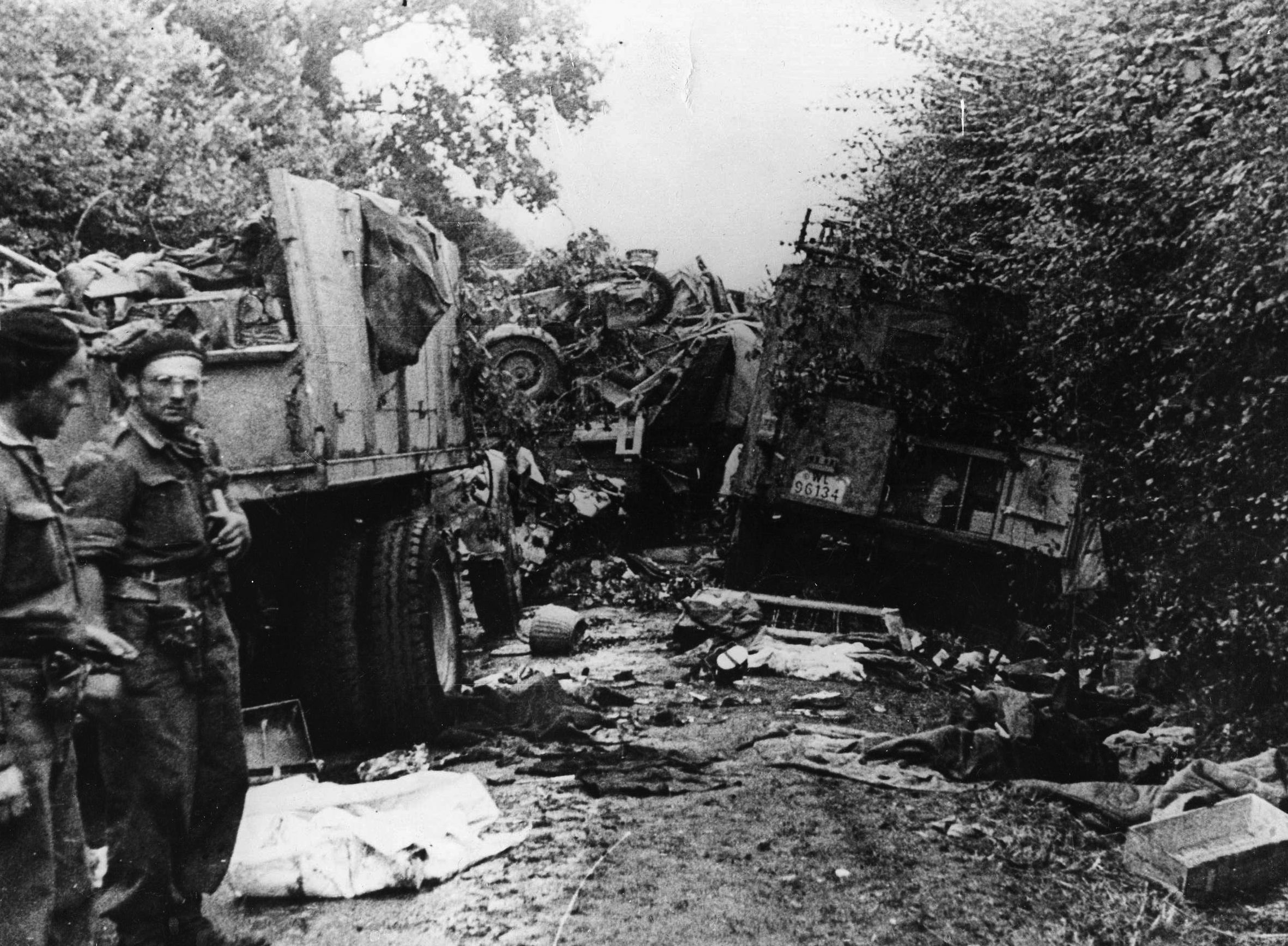 During their frenetic attempt to escape encirclement at Falaise, German columns were ravaged by marauding Allied aircraft, and tons of equipment was abandoned along the roads leading eastward. The bodies of dead men and horses were strewn thickly as well. (National Archives)
