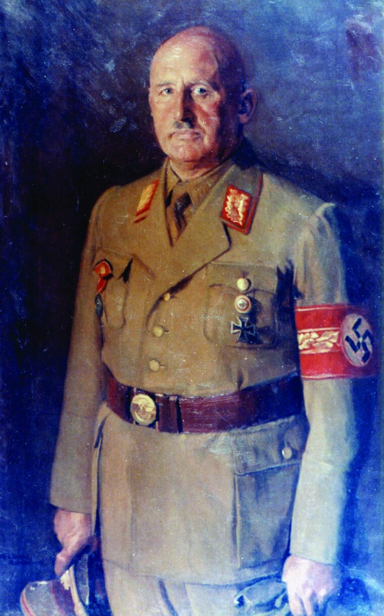 In this formal portrait, Julius Streicher wears the armband signifying the office of Gauleiter of Nuremberg-Furth and Franconia. Streicher’s odd behavior was repulsive even to his fellow Nazis. (U.S. Army Art)