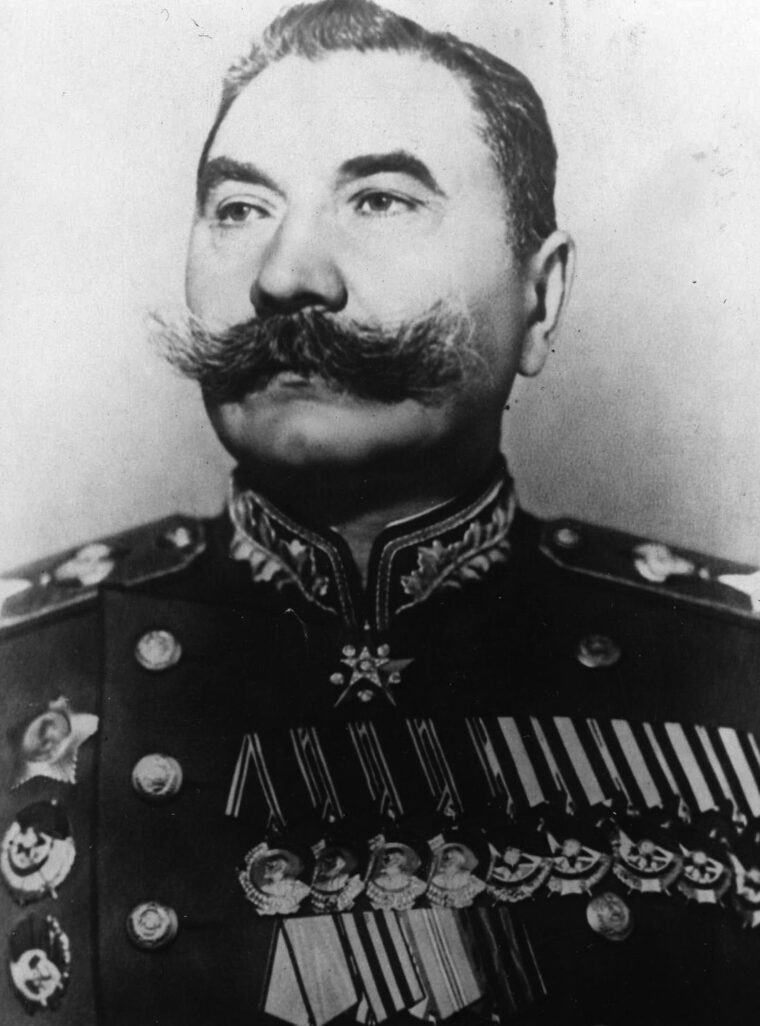 Marshal Semen Budenny, his bushy moustache and medal-bedecked uniform prominently visible, poses on the third anniversary of the victory over Nazi Germany. 