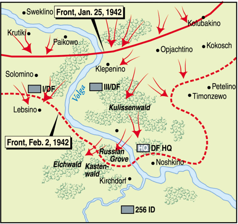 Advance elements of the Soviet thrust against the Germans near Rzhev actually crossed the Volga River and threatened German headquarters positions before being contained in early February 1942.