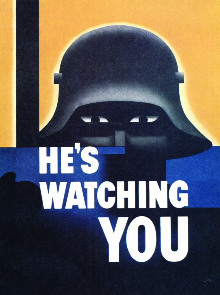 The stylized likeness of a German soldier glares menacingly from a poster placed in factories across the U.S. during 1942. Some workers were critical of the poster, wrongly assuming that the soldier was intended to be American.