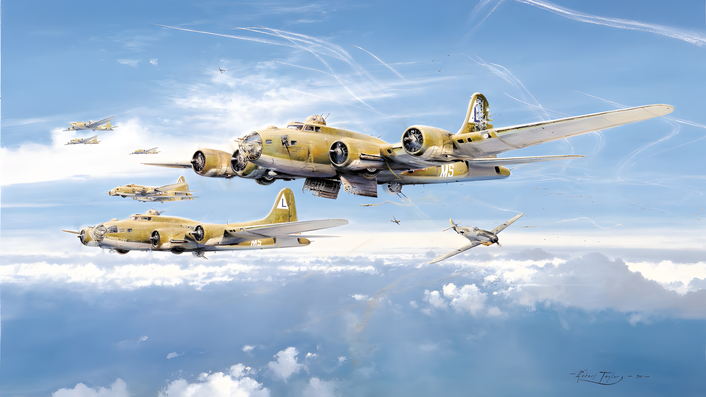 In Robert Taylor’s painting, Return from Schweinfurt, P-47 Thunderbolt fighters of the 56th Fighter Group head for home, low on fuel and ammunition, while B-17 bombers fend off late attacks by German Me-109 fighters.