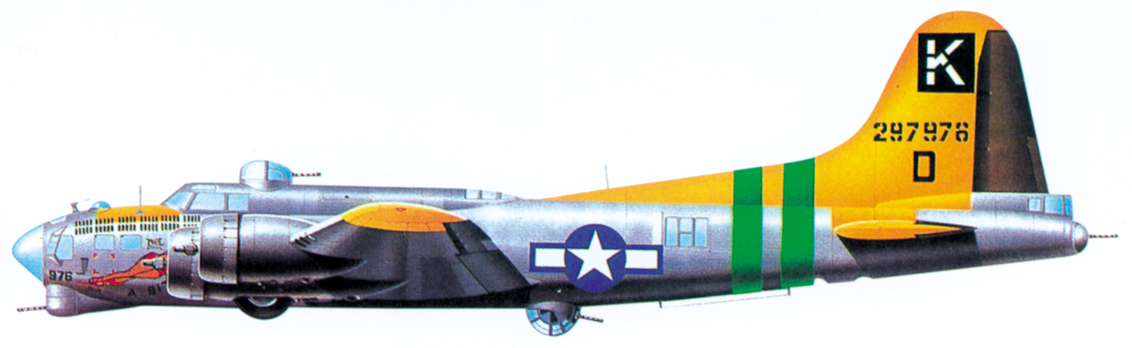A B-17G of the 711th Squadron, 447th Bomb Group displays a distinctive profile, including the chin turret that added defensive firepower to later versions of the bomber.