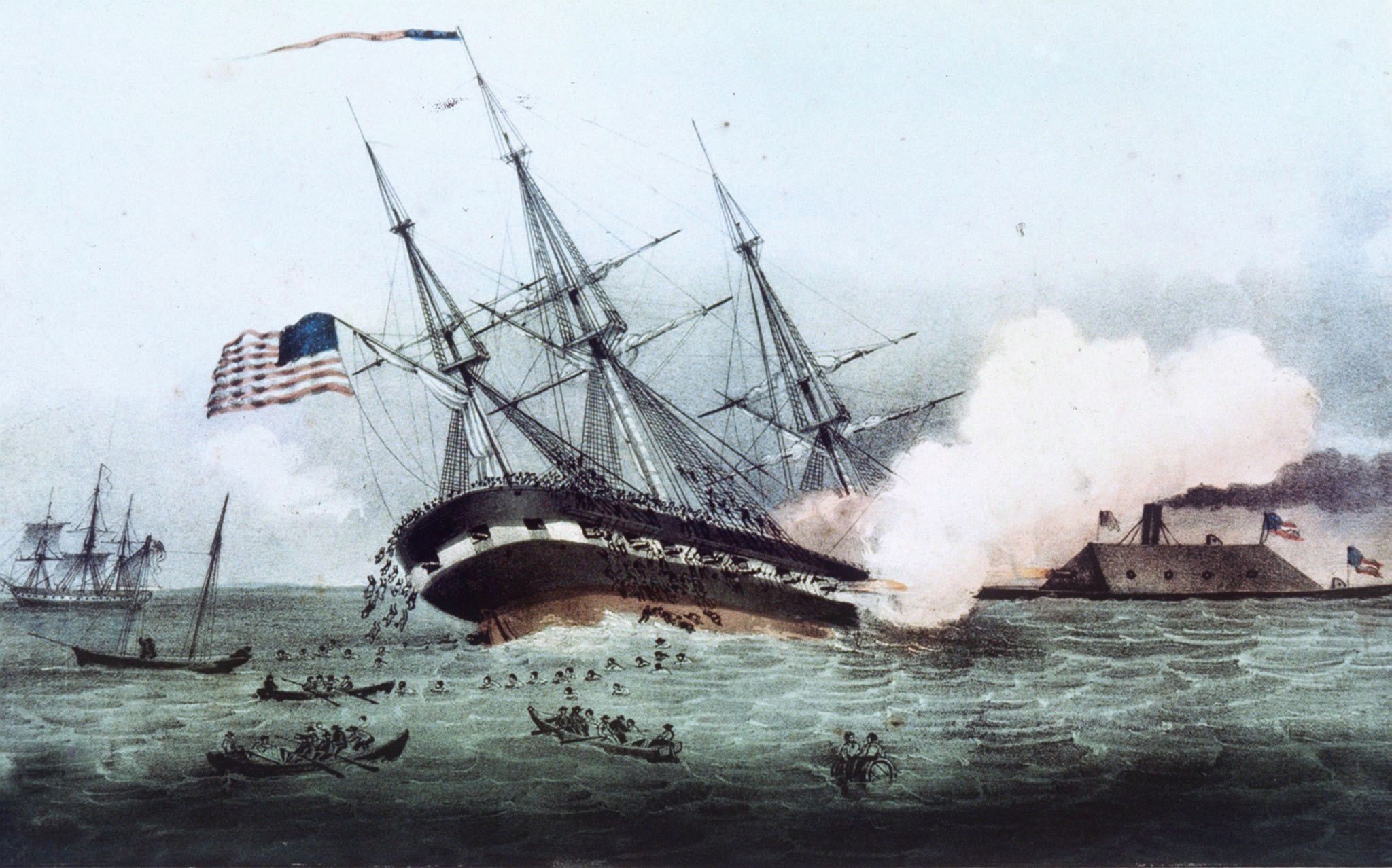 With the USS Monitor still in the Atlantic Ocean, the CSS Virginia rammed and sank the USS Cumberland off Newport News Point. The Virginia's iron ram plowed deep into the Cumberland’s starboard bow.