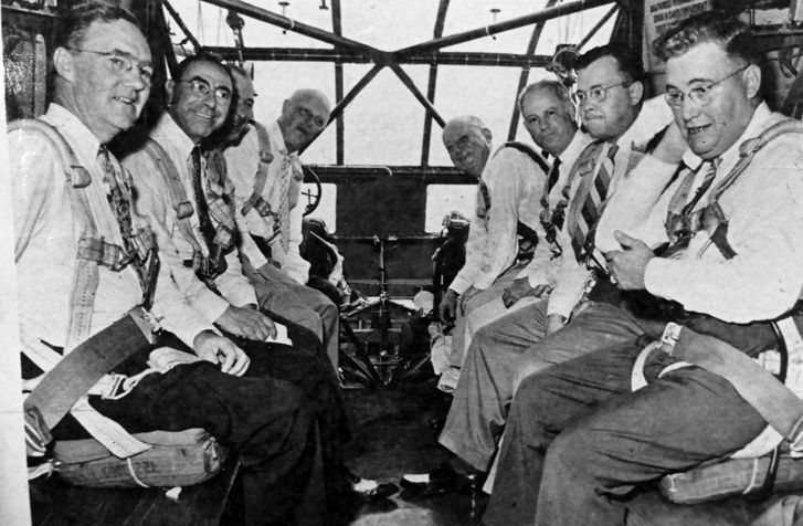 Passengers aboard the ill-fated St. Louis glider flight on August 1, 1943, included from left: St. Louis Deputy Controller Charles Cunningham, Director of Public Utilities Max Doyne, Army Air Forces Lt. Col. Paul Hazelton, Mayor William Becker, St. Louis Chamber of Commerce President Thomas Dysart, Robertson Aircraft President William Robertson, Robertson Aircraft Production Manager Harold Krueger, and St. Louis County Court Judge Henry Mueller.