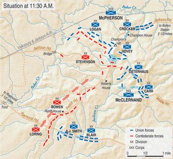 Union troops led by Brigadier Generals George F. McGinnis and Alvin P. Hovey attack the Confederate center at Champion’s Hill, capturing 11 guns and 300 prisoners in an hour-long assault.