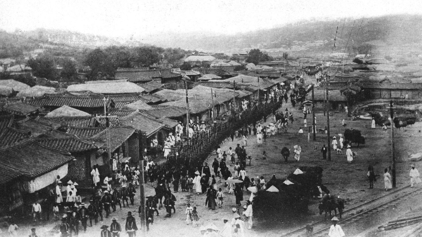 Japanese influence on the Korean peninsula and eventual complete domination had its origin centuries earlier and increased with the Japanese victory in the Russo-Japanese War of 1904-1905. In this photo, Japanese troops march toward the Korean capital of Seoul in 1905.