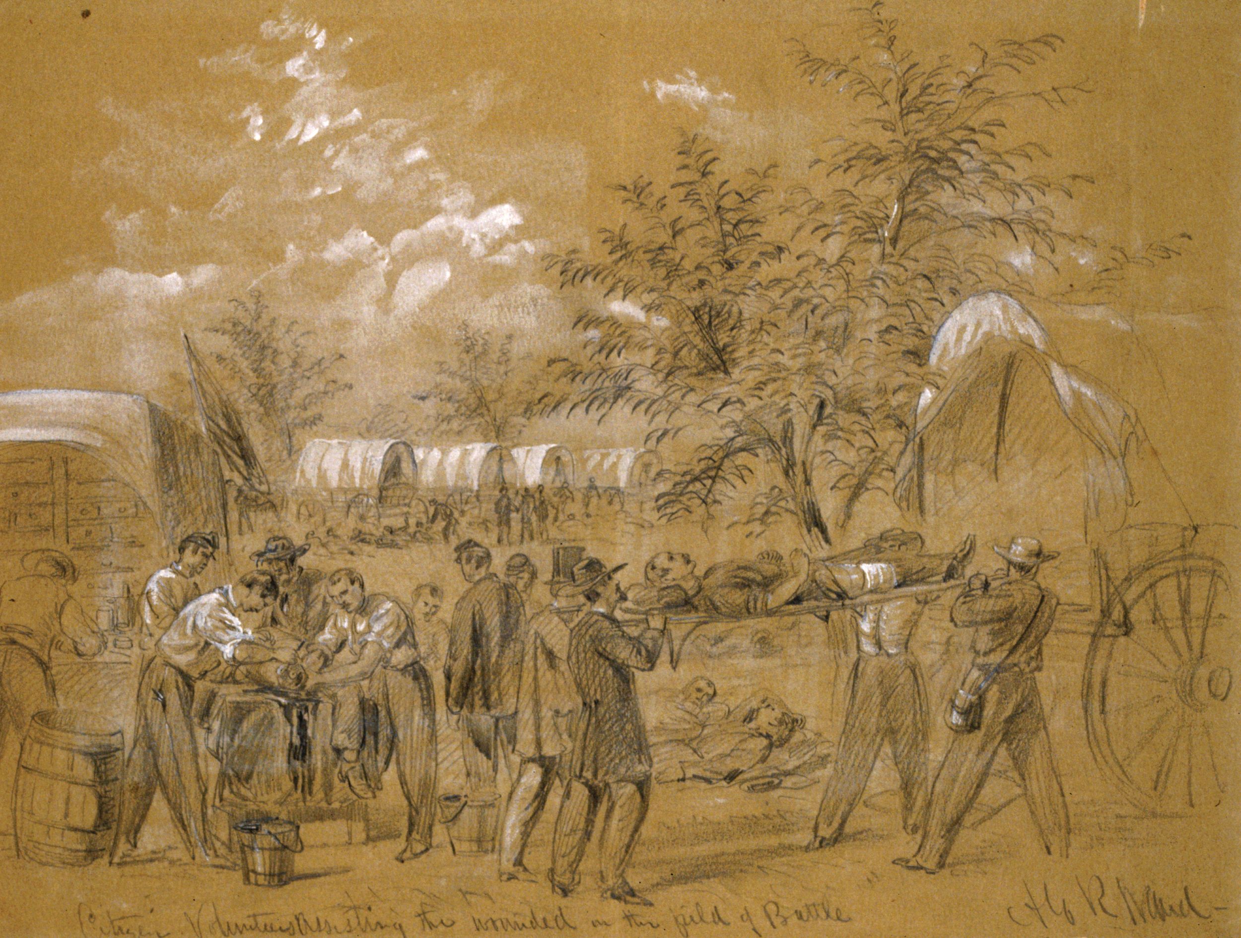 Civilian volunteers assist in moving the wounded from ambulance wagons to a field hospital in this sketch by Harper’s Weekly artist Alfred Waud.