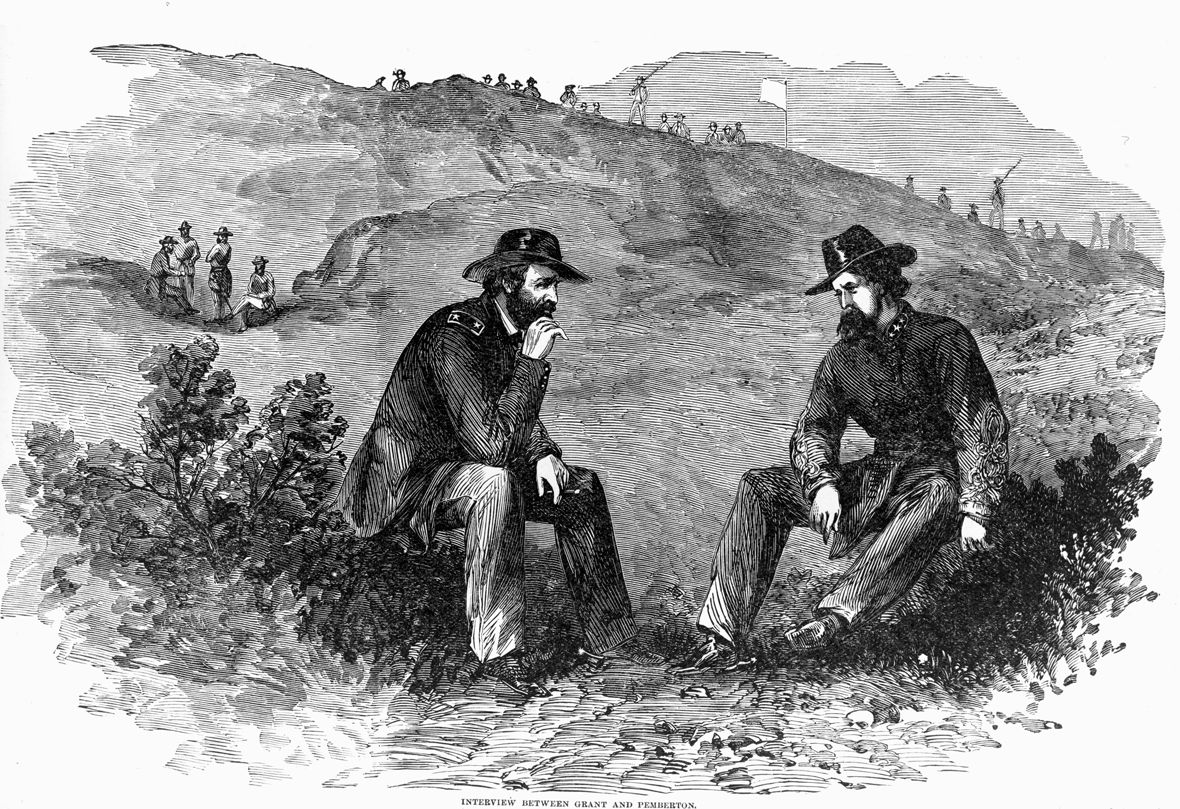 Grant discusses his inflexible surrender demands with Pemberton at Vicksburg.