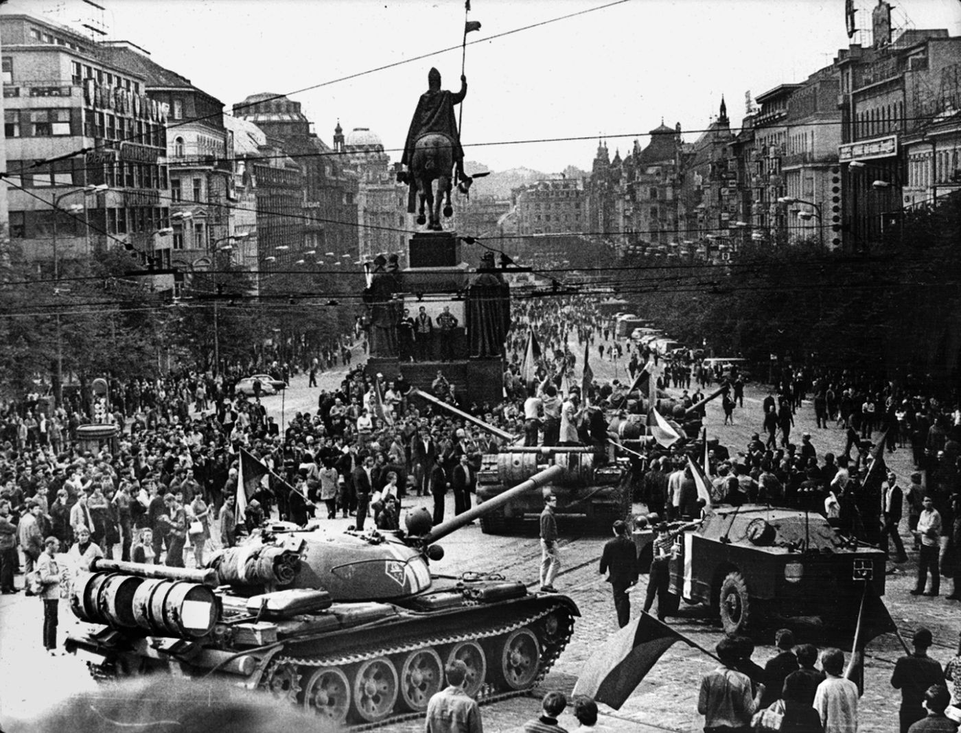 Soviet troops swarm Wenceslas Square on August 21, 1968. The centrally located square was one of the focal points of invading forces. 